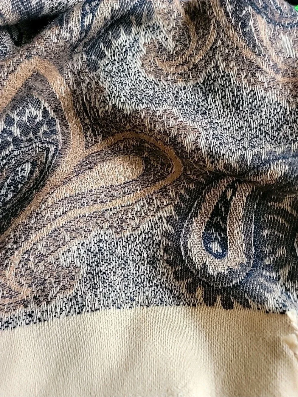 Elegant Paisley Shawl Wrap - Neutral Beige & Black Fringe
